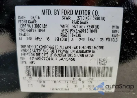 2017 Ford Explorer Xlt z USA, uszkodzony, nr VIN 1FM5K7DH0HGA15458